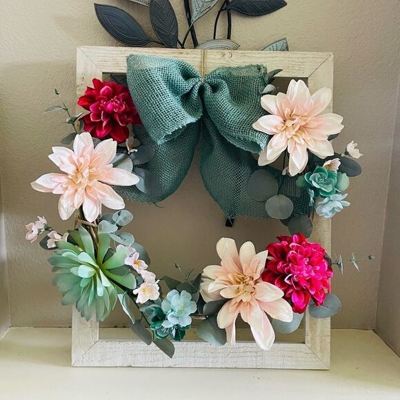 Floral Spring Summer Farmhouse Rustic Wall Framed Wreath Easter Decor - Picture 1 of 4